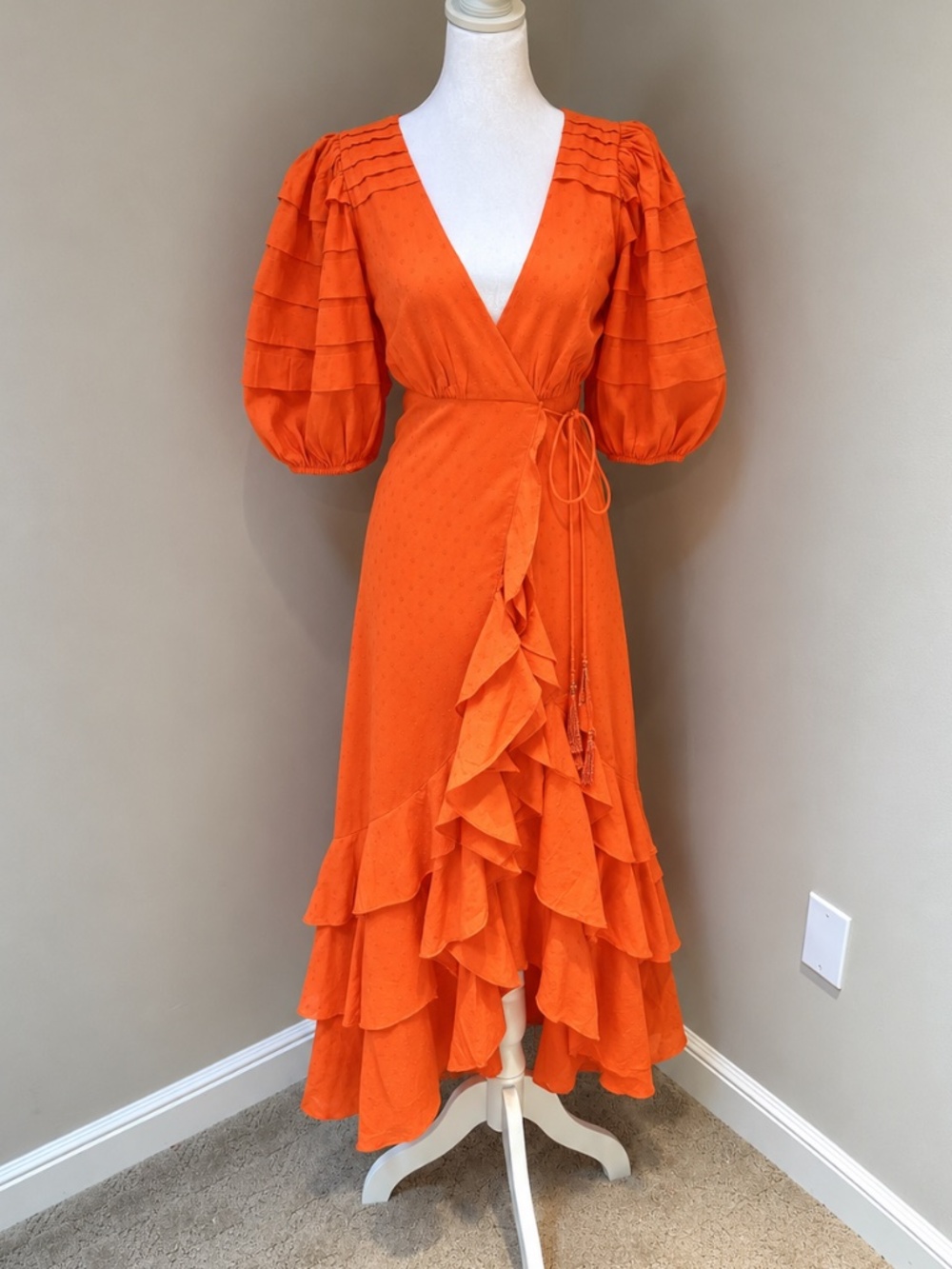 NWT FARM Rio Orange Ruffles Midi Dress XXS Wrap Swiss Dot - Picture 4 of 11